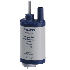 Cylindrisk grå pump "REICH Power Jet High Pressure Pump" med "auto vent" och CE-märkning.